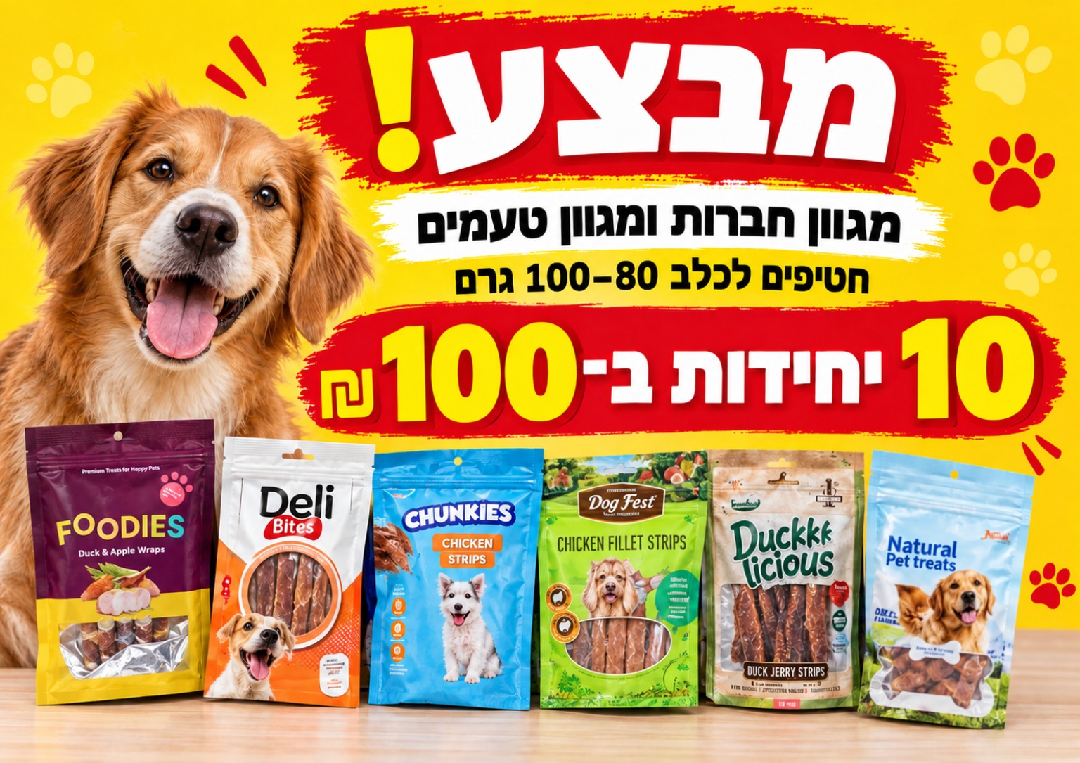 חטיפים לכלב 80–100 גרם — 10 ב־100 ₪